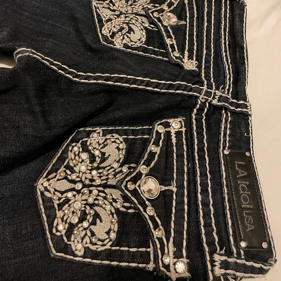 Y2K Bedazzled Low Rise Dark Wash Jeans. LA Idol Rhinestone Bling Cross Capri - Picture 5 of 7